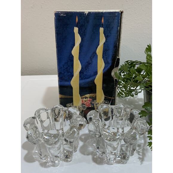 Vtg Clear Heavy Crystal Candleholder Candlestick Holder Taper Flower Shape NOS - Picture 2 of 14